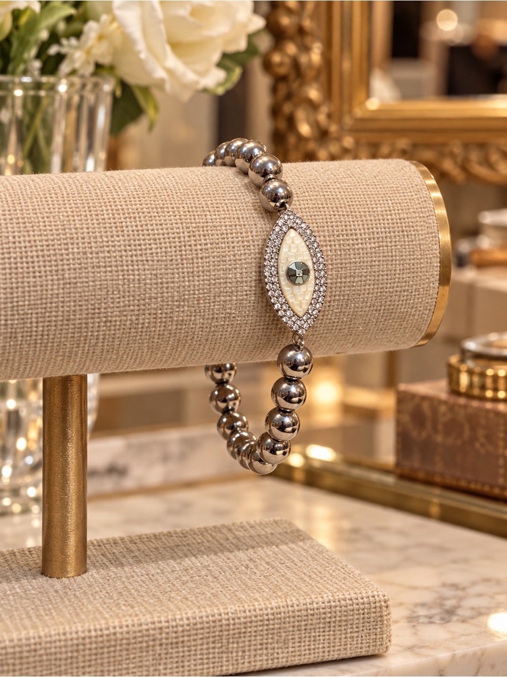 Silver Beaded Evil Eye Bracelet